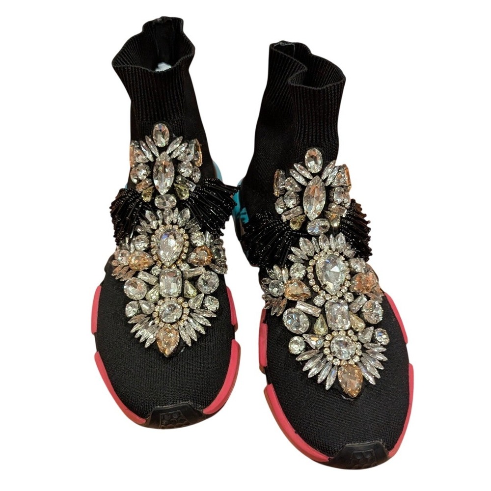 Pink Elephant Sock Sneakers 38 Black‎ Crystal Embellished Fringe Statement Glam